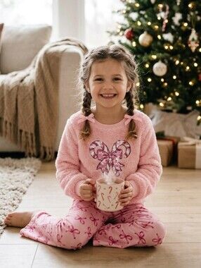 btween Pink Plush Candy Cane & Bow Pajama Set